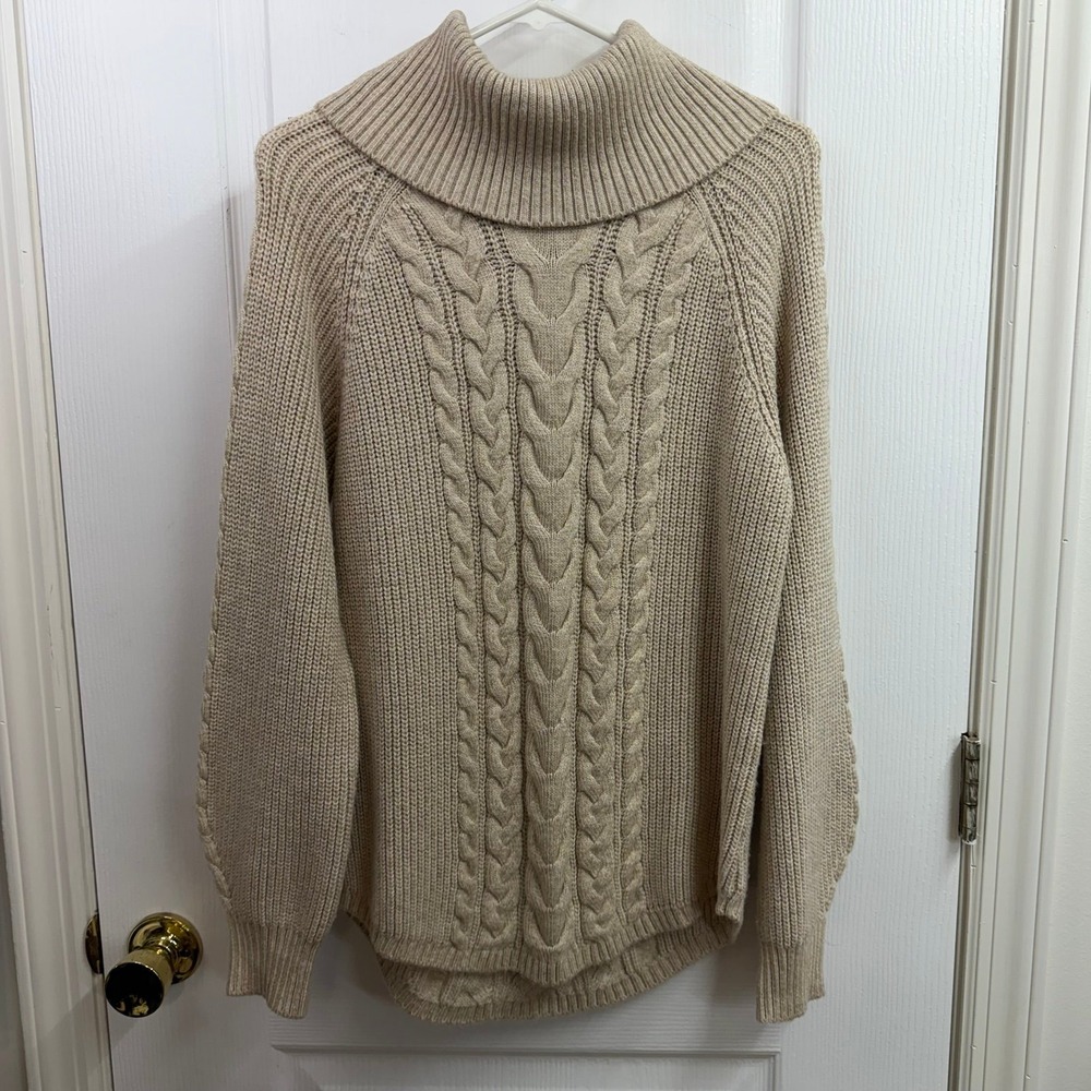 Lane Bryant beige soft thick cable knit turtleneck long sleeve sweater stretch